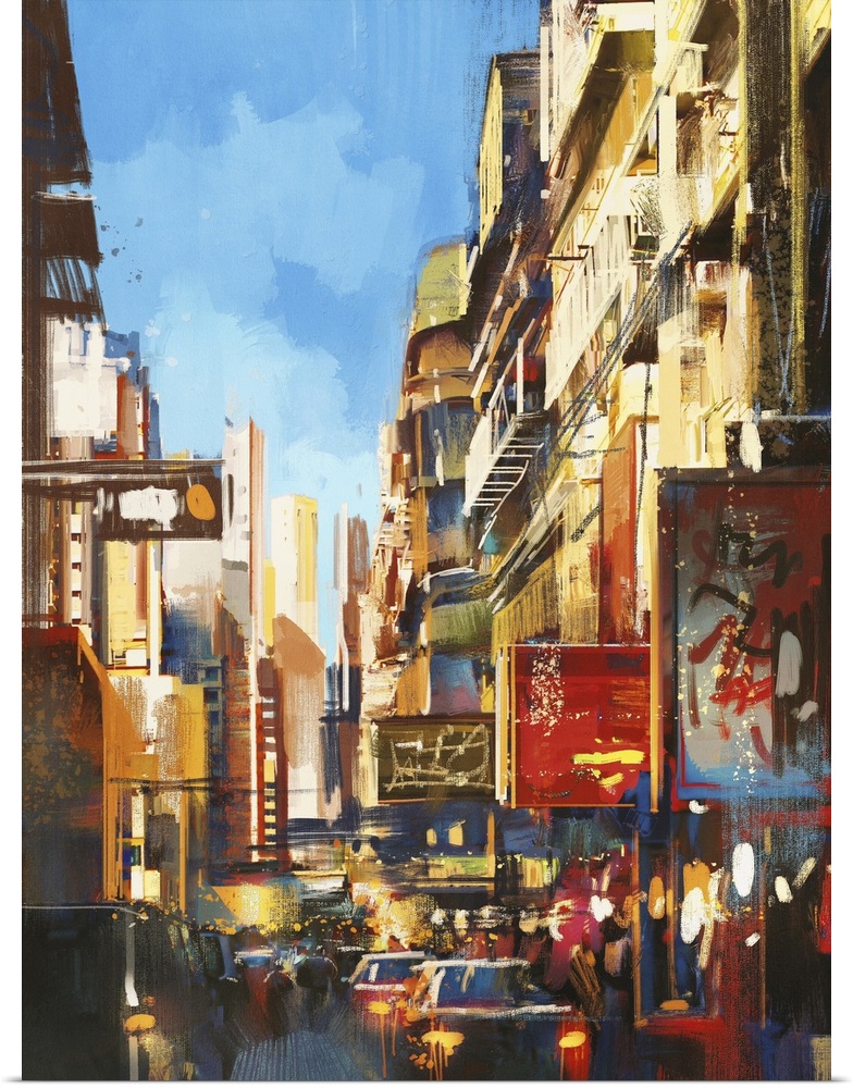 Colorful painting of city street on sunny day.