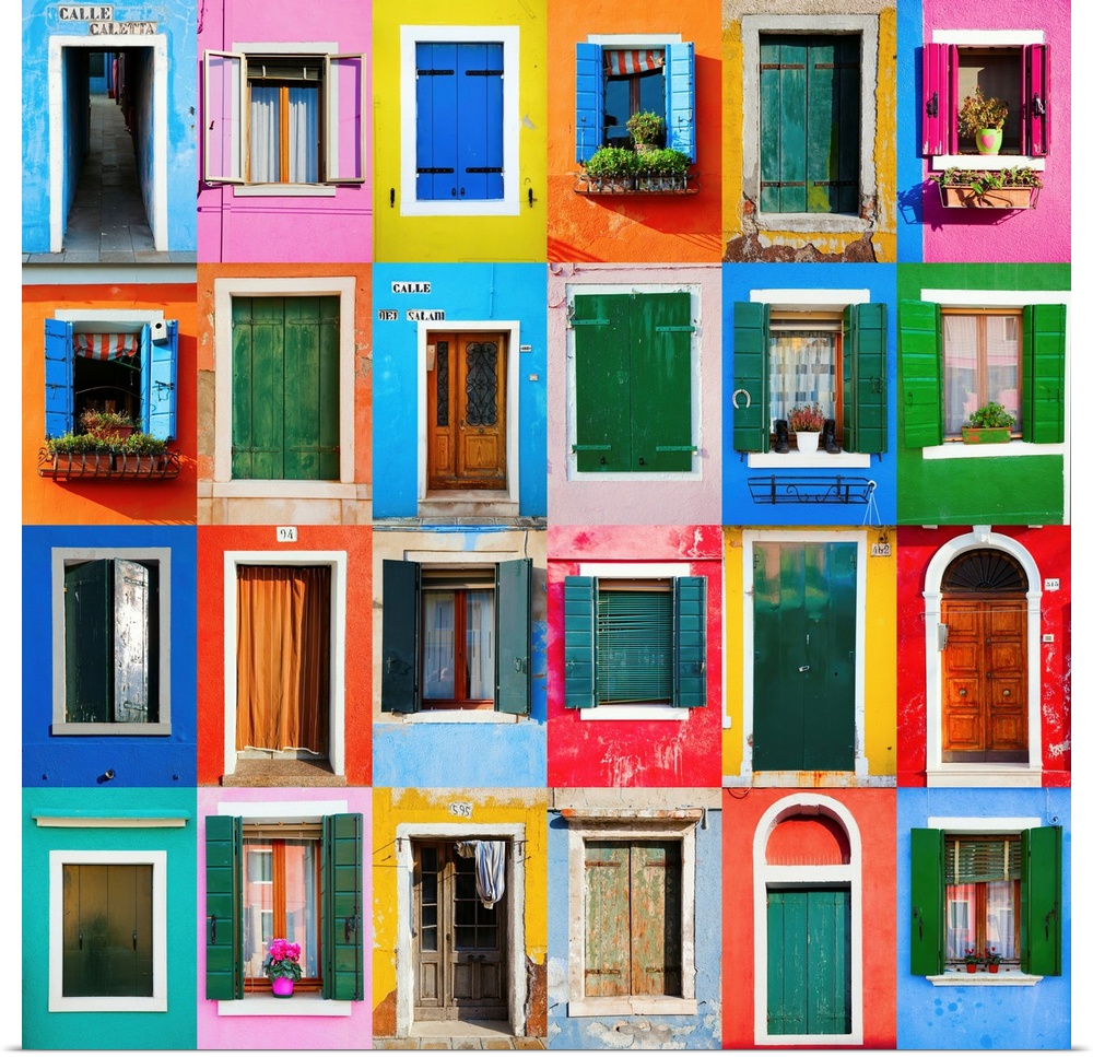 Collage of colorful windows and doors in Burano, near Venice, Italy.