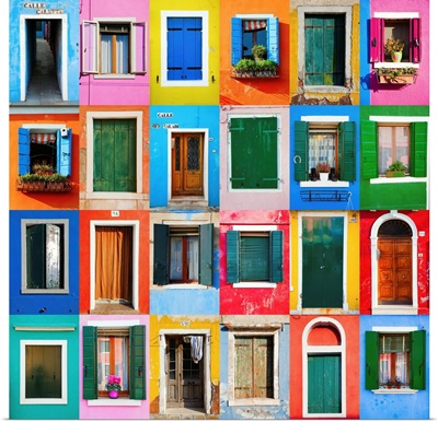 Collage Of Colorful Windows And Doors In Burano