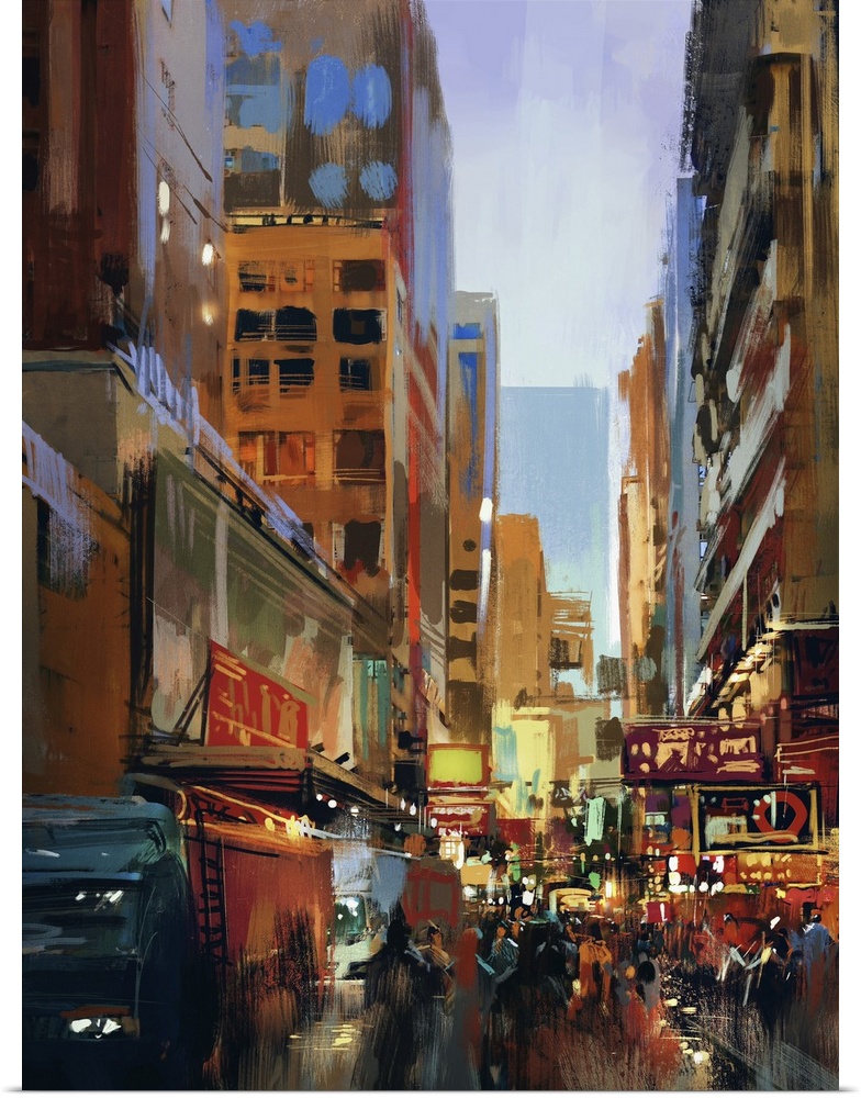 Colorful painting of city street. Originally an illustration digital painting.