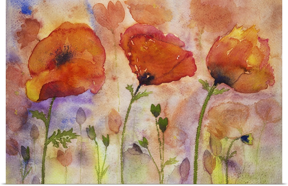 Colorful poppies and buds. The dabbing technique near the edges gives a soft focus effect due to the altered surface rough...