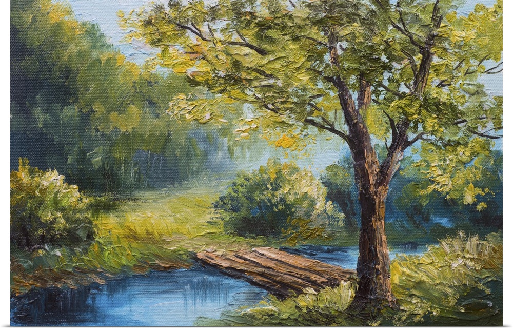 Originally an oil painting landscape of colorful summer forest, beautiful river.