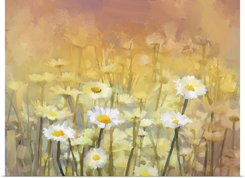 Vintage originally an oil painting of daisy-chamomile flowers field at sunrise.