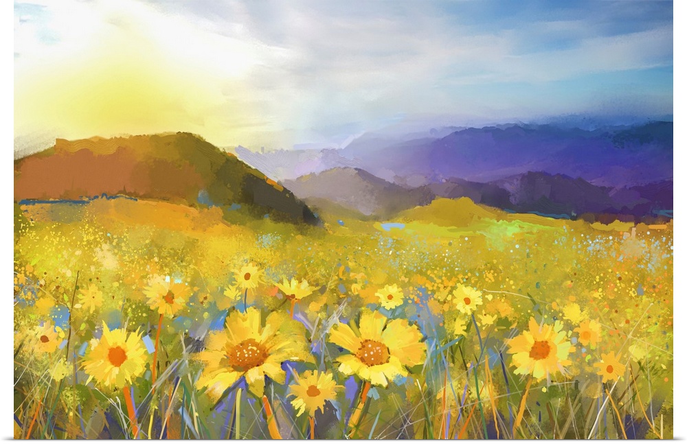 Daisy flower blossom. Originally an oil painting of a rural sunset landscape with a golden daisy field. Warm light of the ...