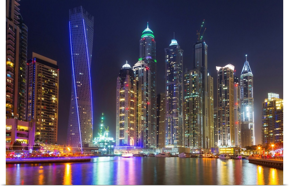 Dubai marina at night in United Arab Emirates.