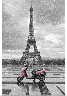 Eiffel Tower In The Rain With Pink Scooter Of Paris, Black And White