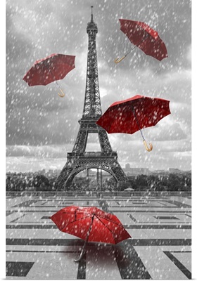 Eiffel Tower With Flying Umbrellas