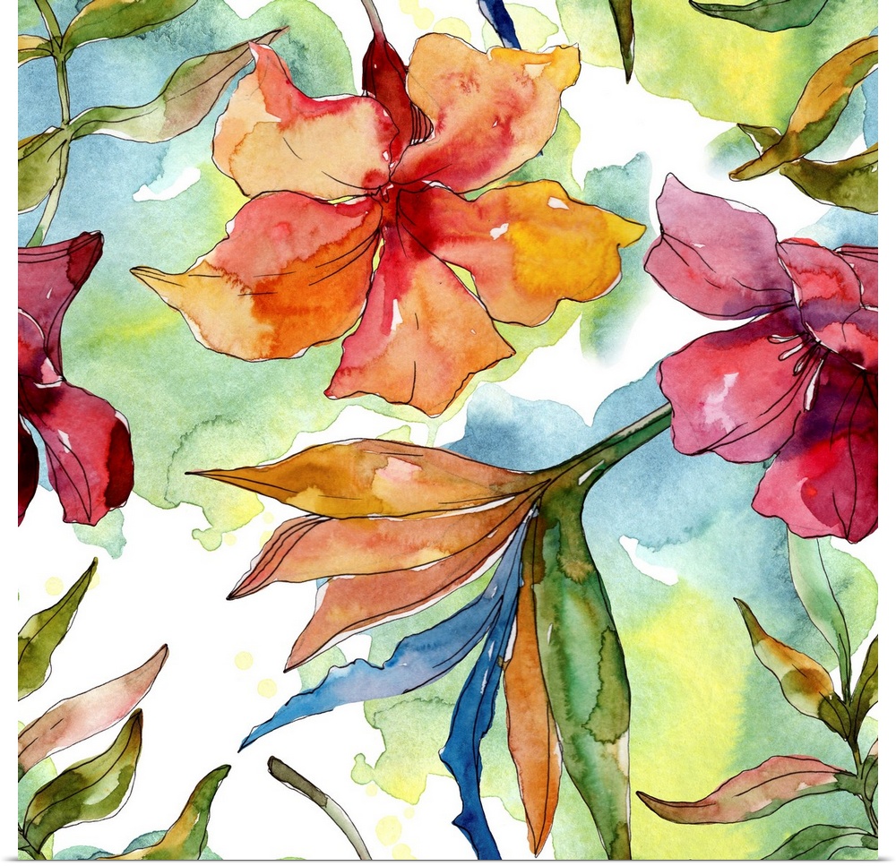 Exotic tropical Hawaiian summer. Palm beach, tree, leaves and jungle flower. Originally a watercolor.