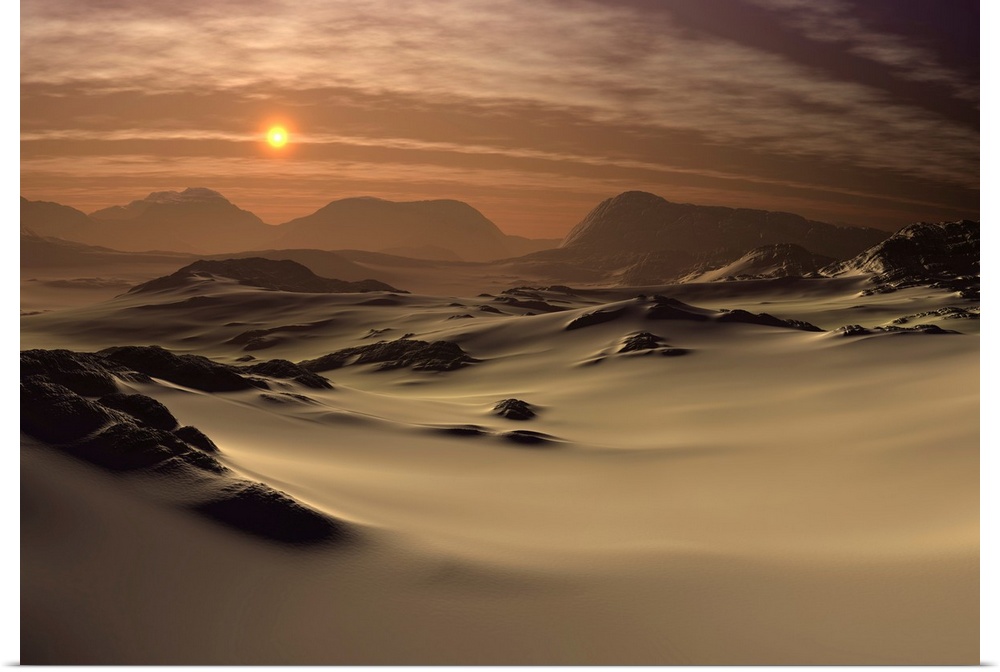 3D rendered fantasy landscape with a desert, dunes, mountains and the sun.