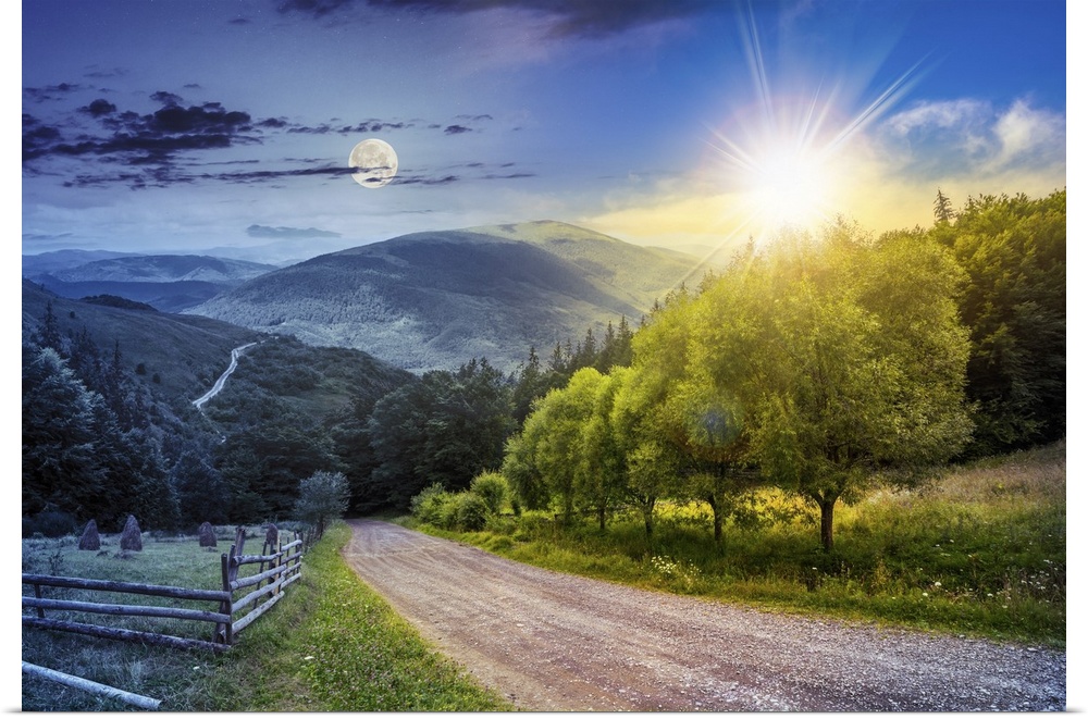 Day and night collage landscape. Fence near road going down the hill through meadow and forest to the high mountains with ...