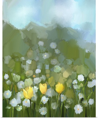 Field Of Yellow Tulip And White Daisy Flowers