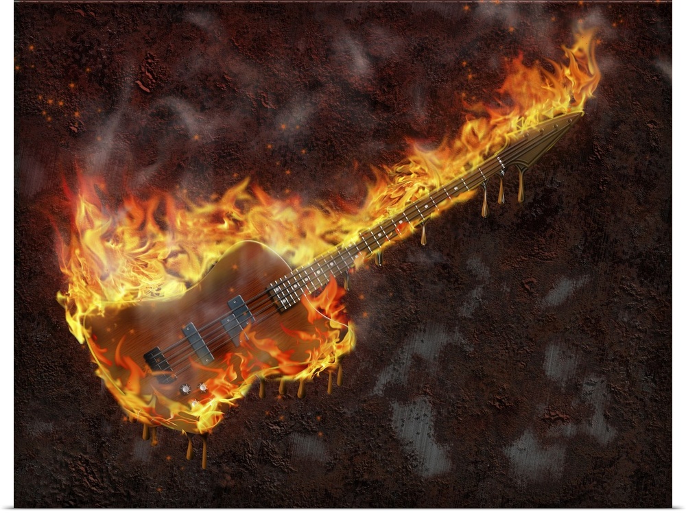 Flaming melting guitar and rusted metal surface.