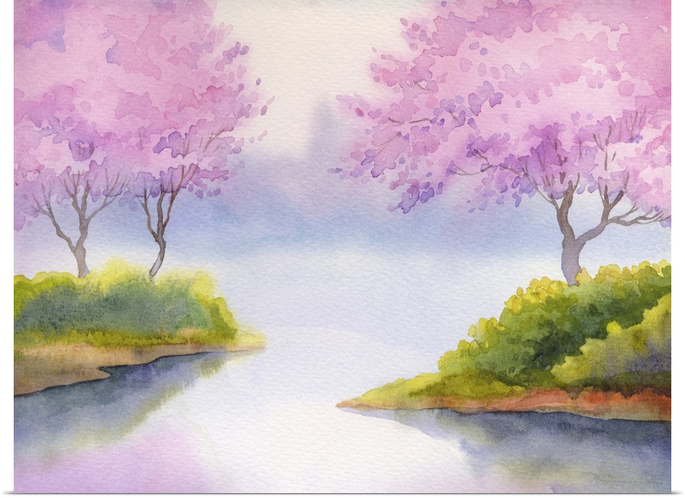 Originally a watercolor landscape. Flowering fruit trees over the quiet lake in a gentle spring morning.