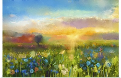 Flowers Dandelion, Cornflower, Daisy In Fields, Sunset Meadow Landscape With Wildflower