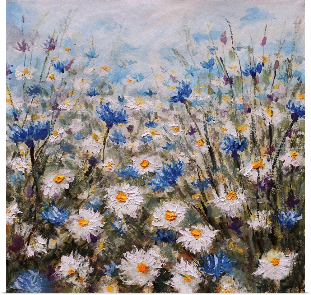 Flowers. Field of white flowers. Glade of cornflowers and daisies. Summer flowers. Grass. Nature. Originally an oil painti...
