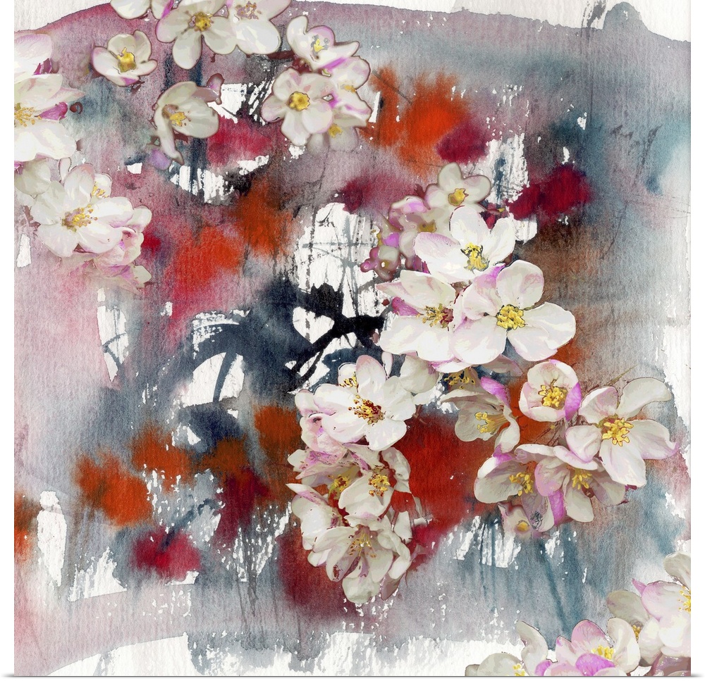 Flowers of apple tree, abstract painting and mixed media art background.