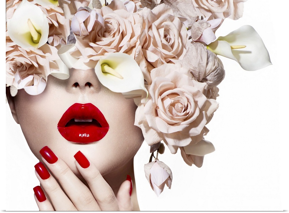 Vogue style model girl face with roses. Red sexy lips and nails.
