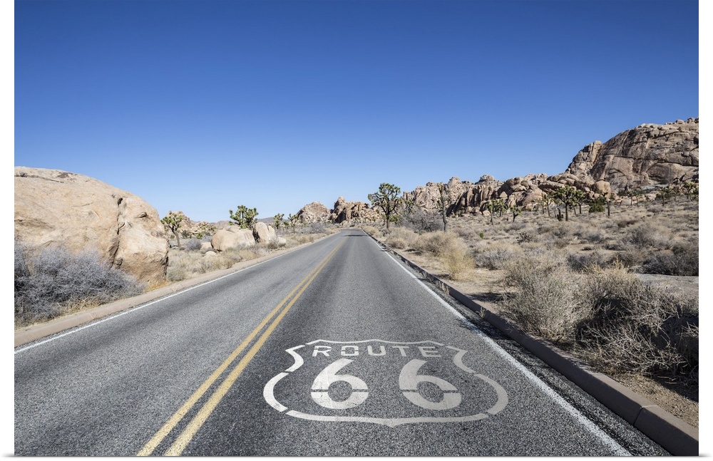 Joshua tree highway with route 66 pavement sign in Californiaos Mojave desert.
