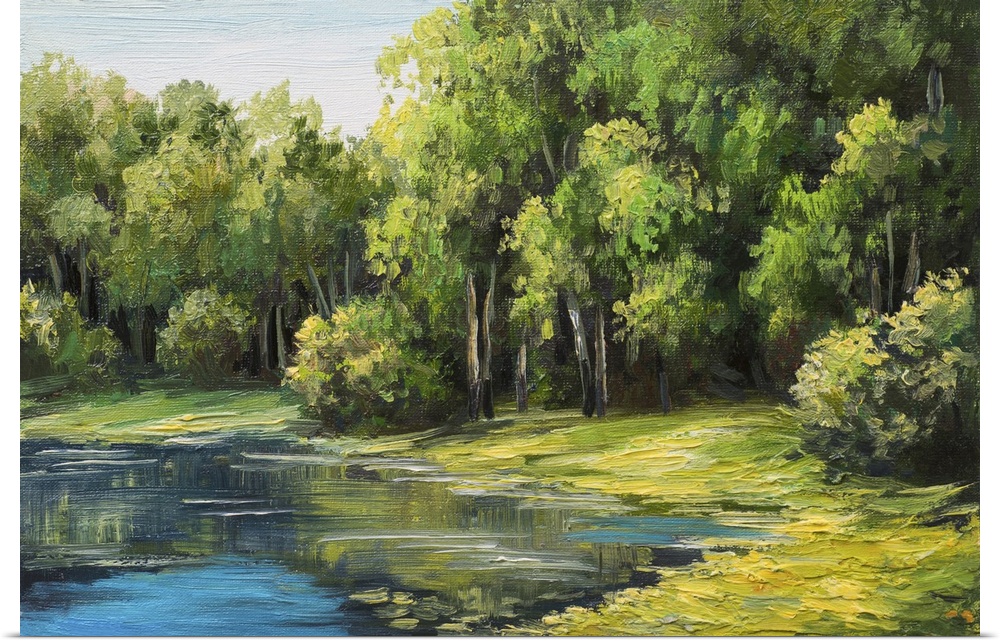 Originally an oil painting landscape of the lake in the forest, summer day.