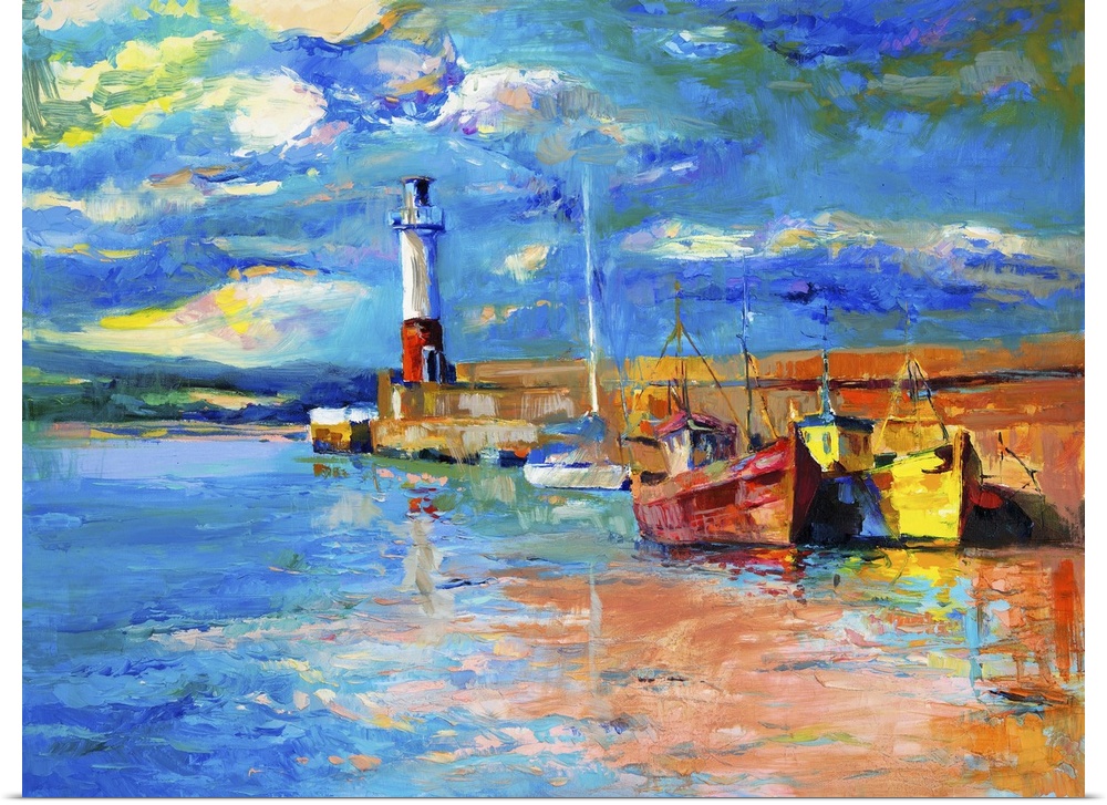 Originally an oil painting of lighthouse and boats on canvas. Rich golden sunset over ocean. Modern impressionism.
