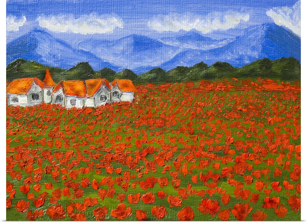 Originally hand painted illustration, oil painting of a summer landscape - meadow with red poppies with hills and houses.