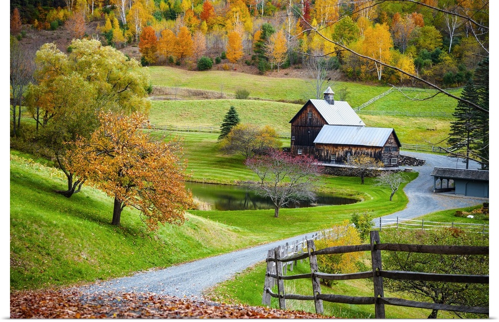 Fall foliage, New England countryside at Woodstock, Vermont, farm in autumn landscape. Old wooden barn surrounded by color...