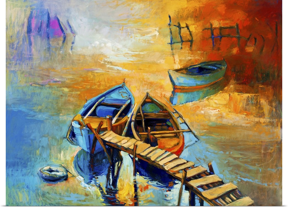 Originally an oil painting of boats and jetty (pier) on canvas. Sunset over ocean. Modern impressionism.