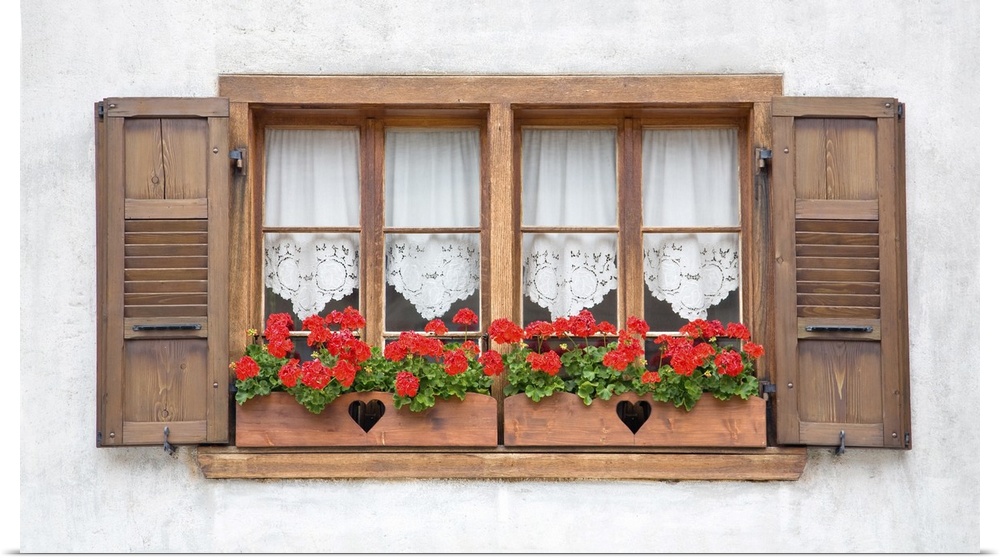 Old European wooden windows with shutters and flowers.