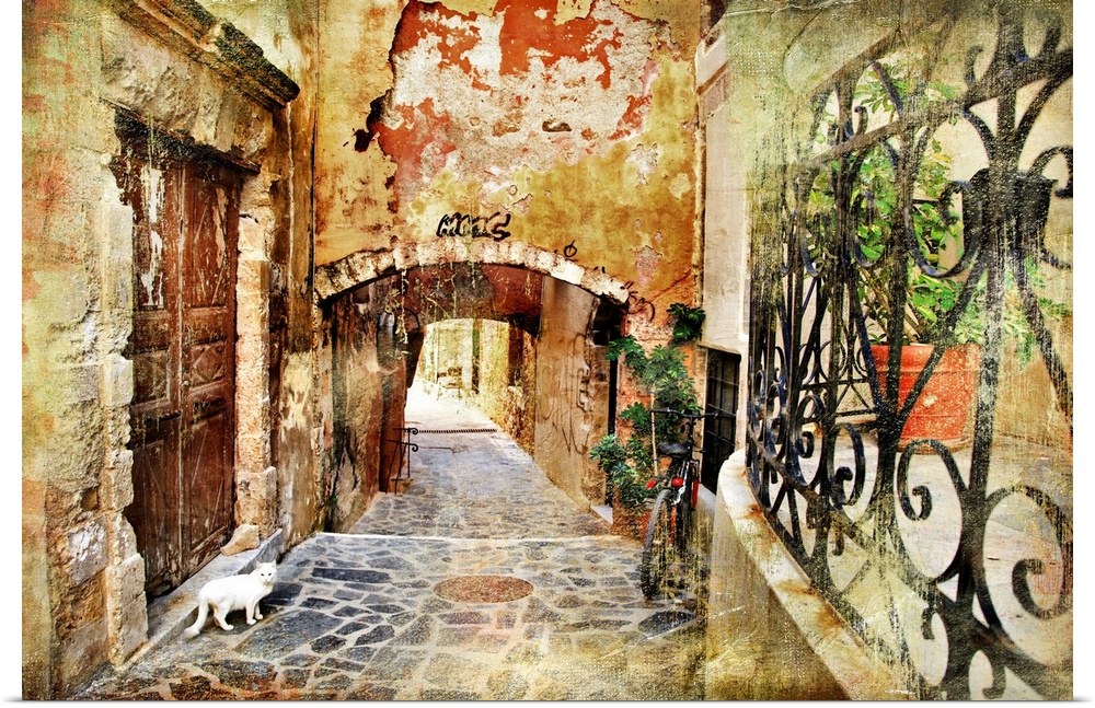 Charming old streets of Mediterranean, retro styled picture.