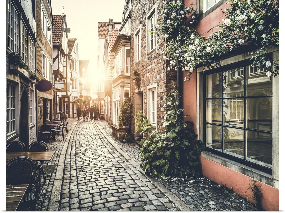 Old town in Europe at sunset with retro vintage Instagram style filter effect.