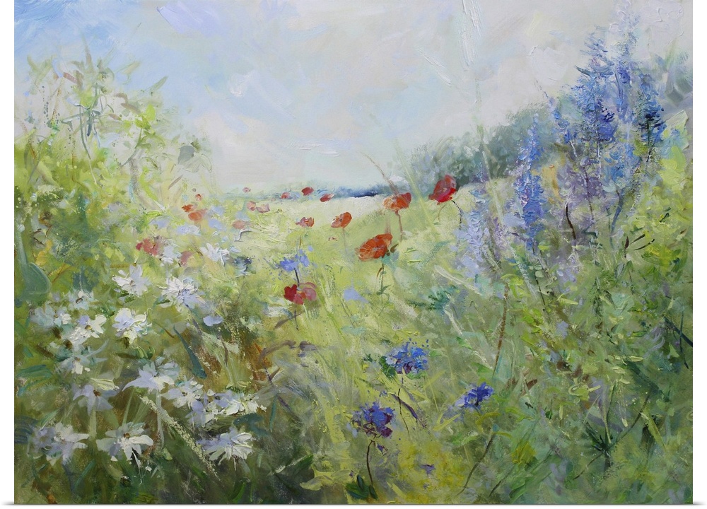 Red poppies and white marguerites on a summer meadow, originally acrylics on canvas.