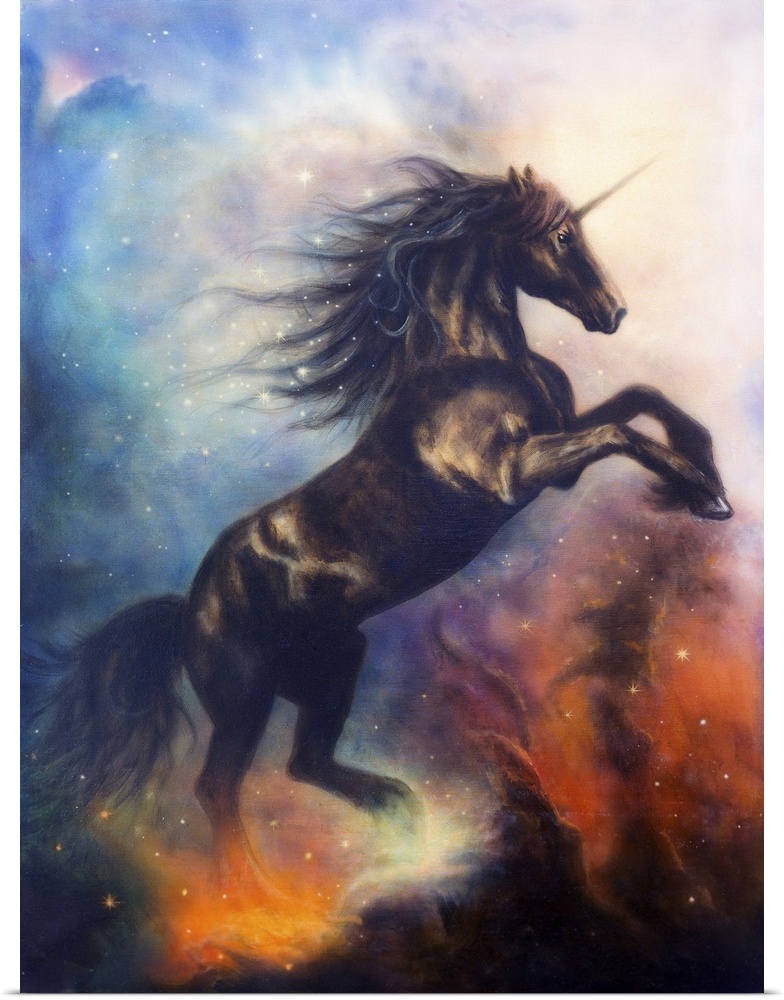 Painting of a black unicorn dancing in space.