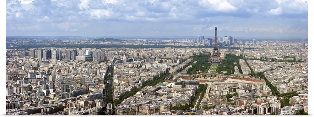 Paris aerial panoramic view from Montparnasse tower over Champs de Mars and Eiffel tower.