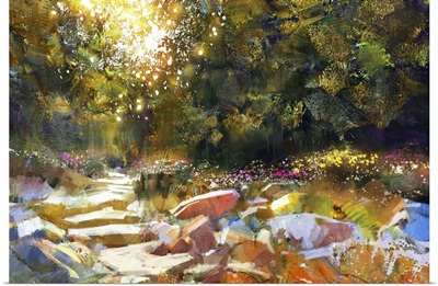 Pathway With Trees And Flowers In Autumn Forest