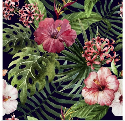 Pattern Orchid Hibiscus Leaves Watercolor Tropics