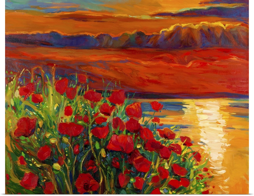 Originally an oil painting on canvas of an Opium poppy (Papaver somniferum) field in front of a beautiful sunset over the ...