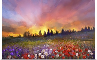 Poppy, Dandelion, Daisy Flowers In Fields, Sunset Meadow Landscape With Hill And Sky