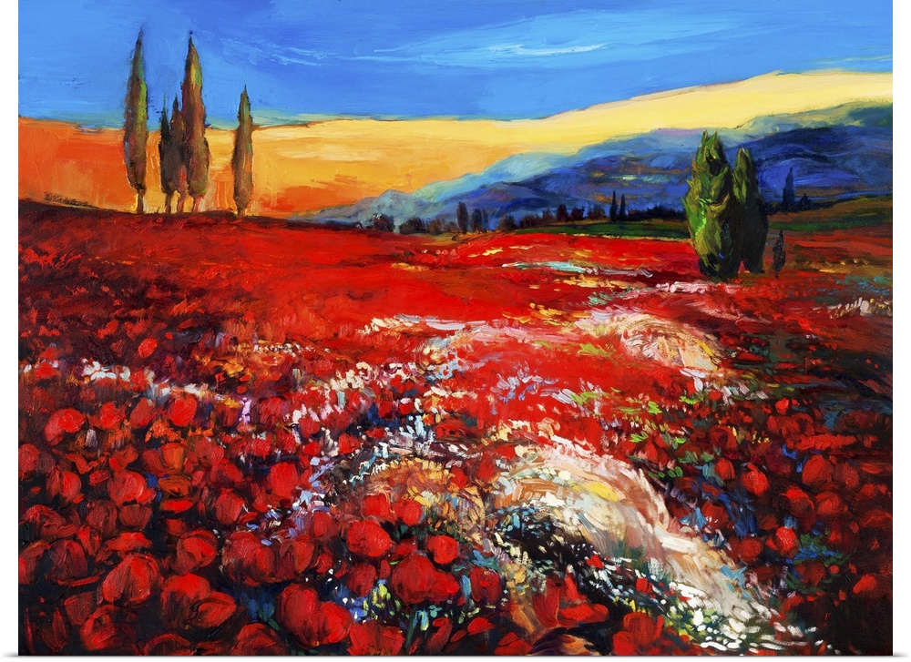 Originally an oil painting of opium poppy (Papaver Somniferum) field in front of beautiful sunset on canvas. Modern impres...