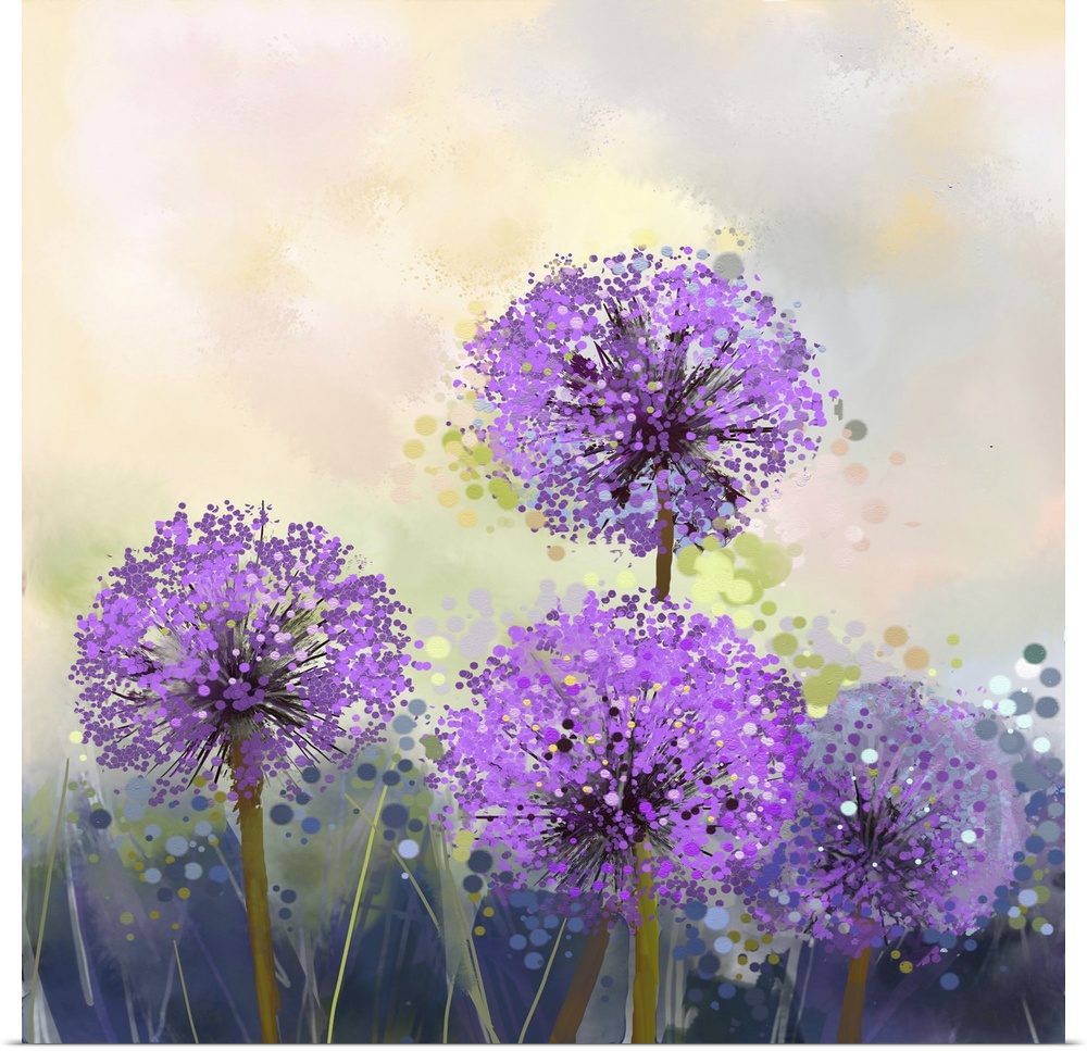 Originally an oil painting. Purple onion flower. Abstract flower painting in soft colorful, spring floral seasonal nature ...