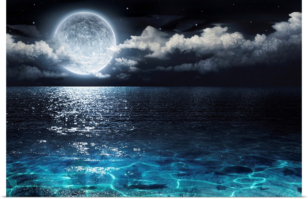 Romantic and scenic panorama with full moon on sea to night.