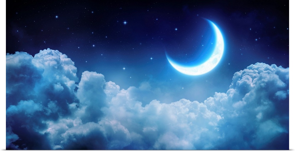 Romantic moon in starry night over clouds.