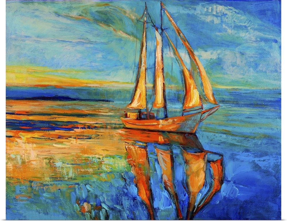 Originally an oil painting of a ship and sea on canvas. Sunset over ocean. Modern impressionism.