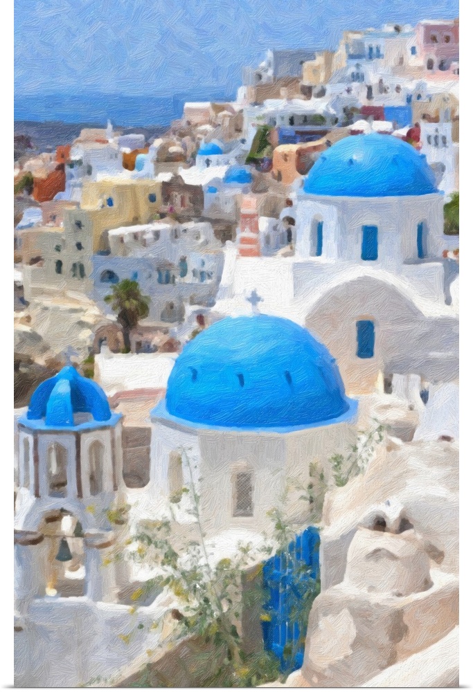 Originally a digital oil painting of a few of the famous blue domed churches from Oia on the Greek isle of Santorini.