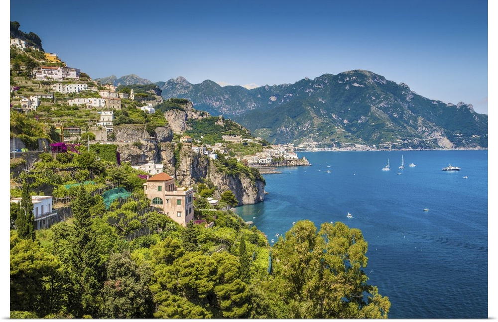 Scenic picture-postcard view of famous Amalfi coast with beautiful gulf of Salerno, Campania, Italy.