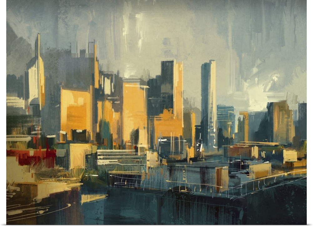 Cityscape painting of urban sky-scrapers at sunset.
