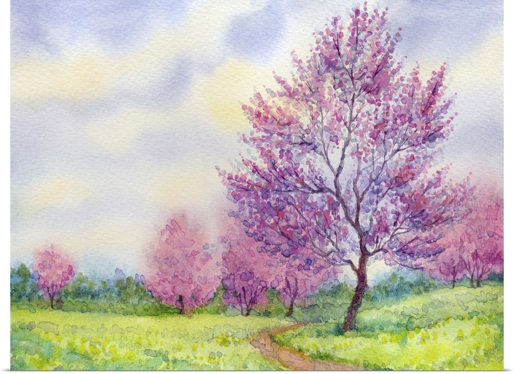 Originally a watercolor spring landscape. Flowering tree in a field beside the path.