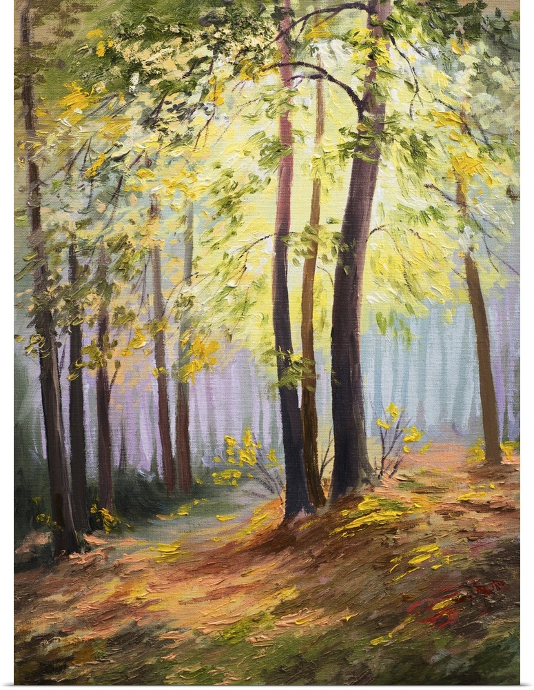 Spring landscape, trees, forest. Originally a colorful oil painting.