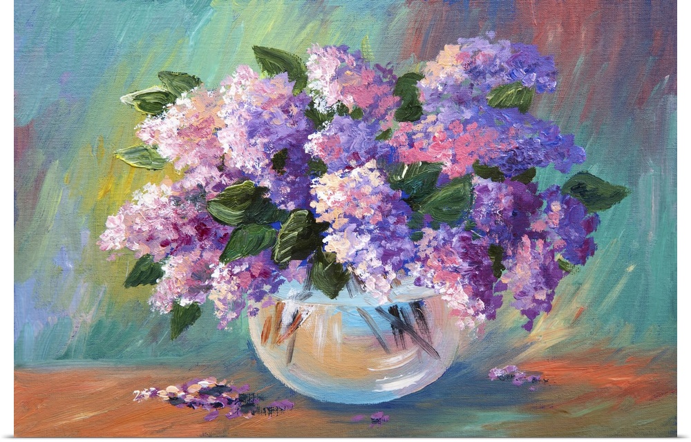 Originally an oil painting of spring lilac in a vase on canvas.