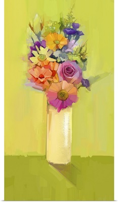 Still Life Of A Bouquet Of Rose, Daisy And Gerbera Flowers In Vase