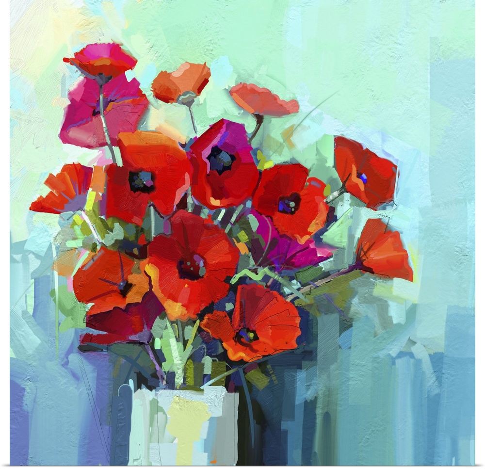 Originally an oil painting - still life of red and pink color flower. Colorful bouquet of poppy flowers in vase. Color gre...